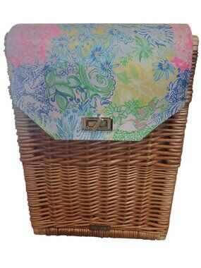 Lilly Pulitzer Wicker Picnic Basket Crossbody Bag Floral Print Pink Wine Carrier